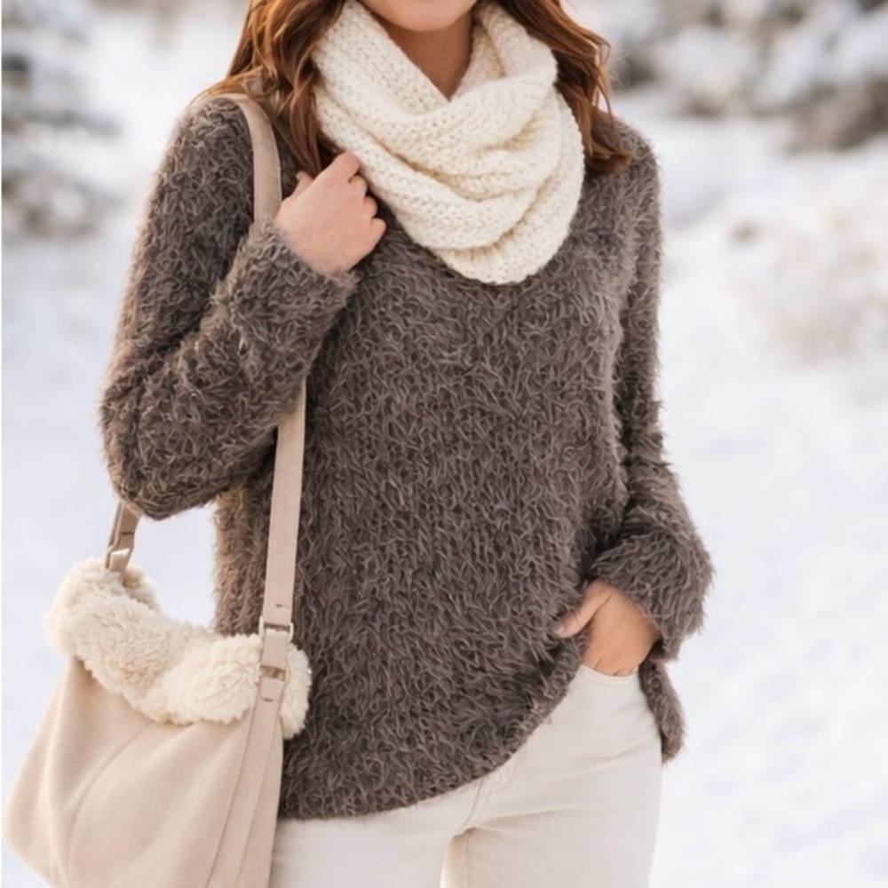 Joe Fresh Brown Eyelash Fuzzy Sweater L Cozy Winter Knit